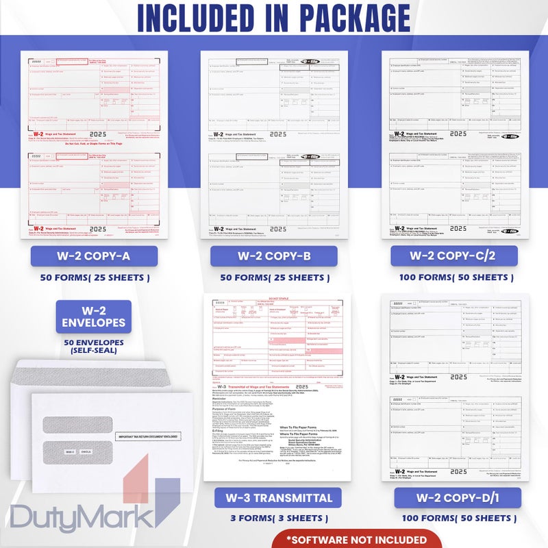 Dutymark 50 W2 Forms 2025 with Envelopes, 6 Part W2 Tax Forms for 50 Employees IRS Compatible Laser Forms with 3 W3s, Works with Quick Books in Other Software - Includes 50 Self-Seal Envelopes - Image 2